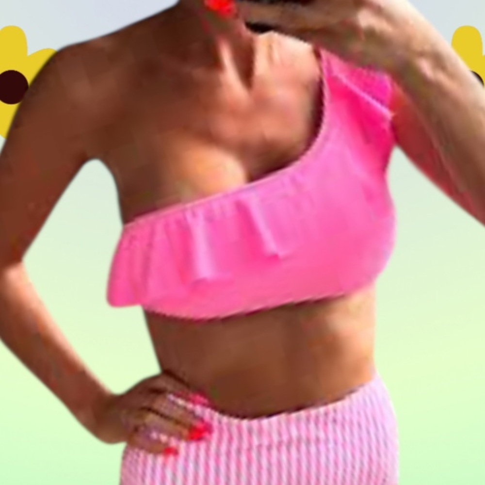 COTTON CANDY neon pink stripe high rise one shoulder bikini women’s size medium - Picture 4 of 14